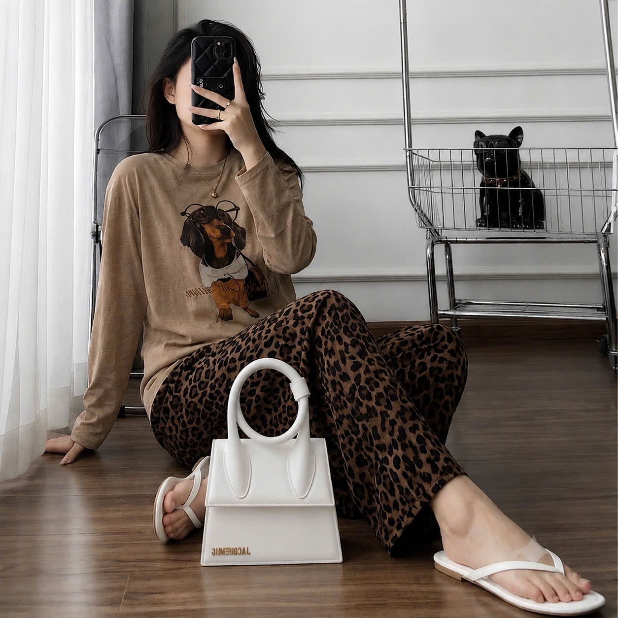 BỘ MẶC NHÀ NÂU TÂY HÌNH CÚN QUẦN DA BÁO
