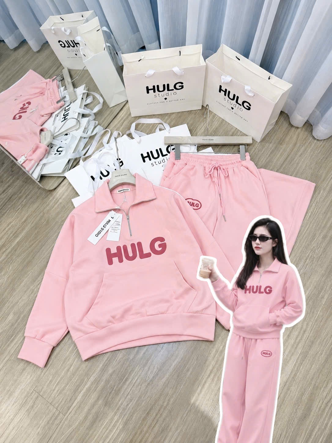 BỘ NỈ HỒNG CỔ KHOÁ CHỮ HULG