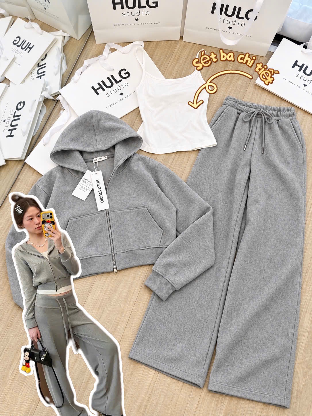 BỘ NỈ KHOÁ MŨ XÁM 3CT NỮ