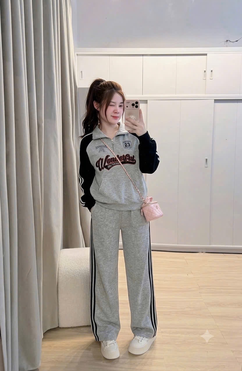 BỘ NỈ XÁM CỔ KHOÁ CHỮ WONDEE