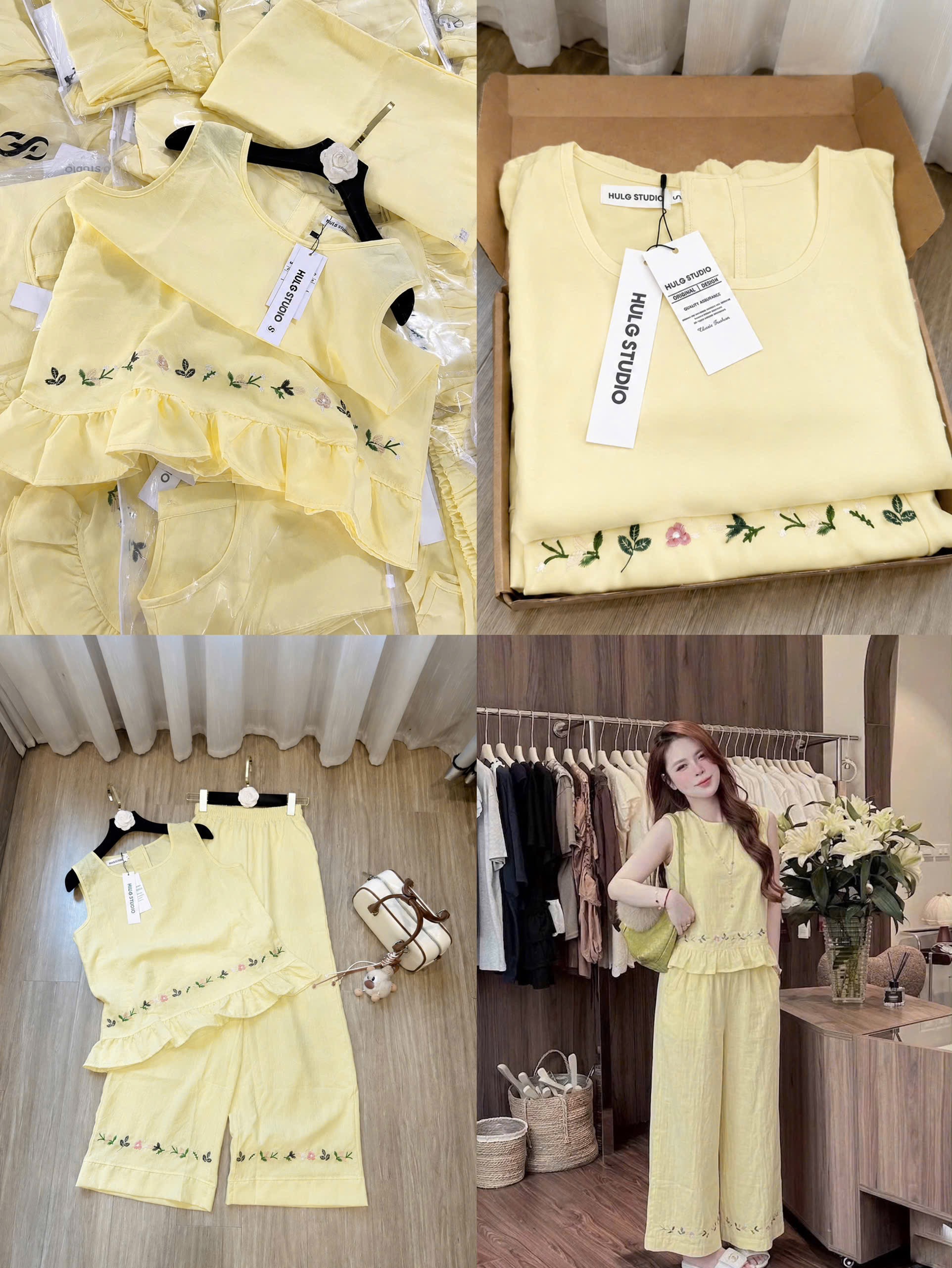 BỘ PELUM VÀNG QUẦN SUÔNG THÊU HOA