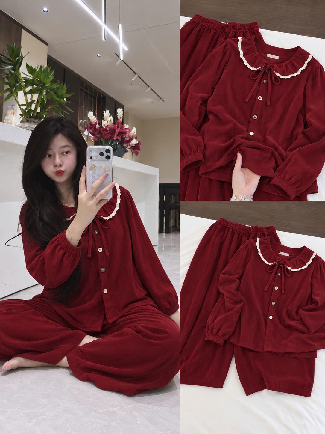 BỘ TĂM THỎ CỔ SEN PHỐI REN ĐỎ BE