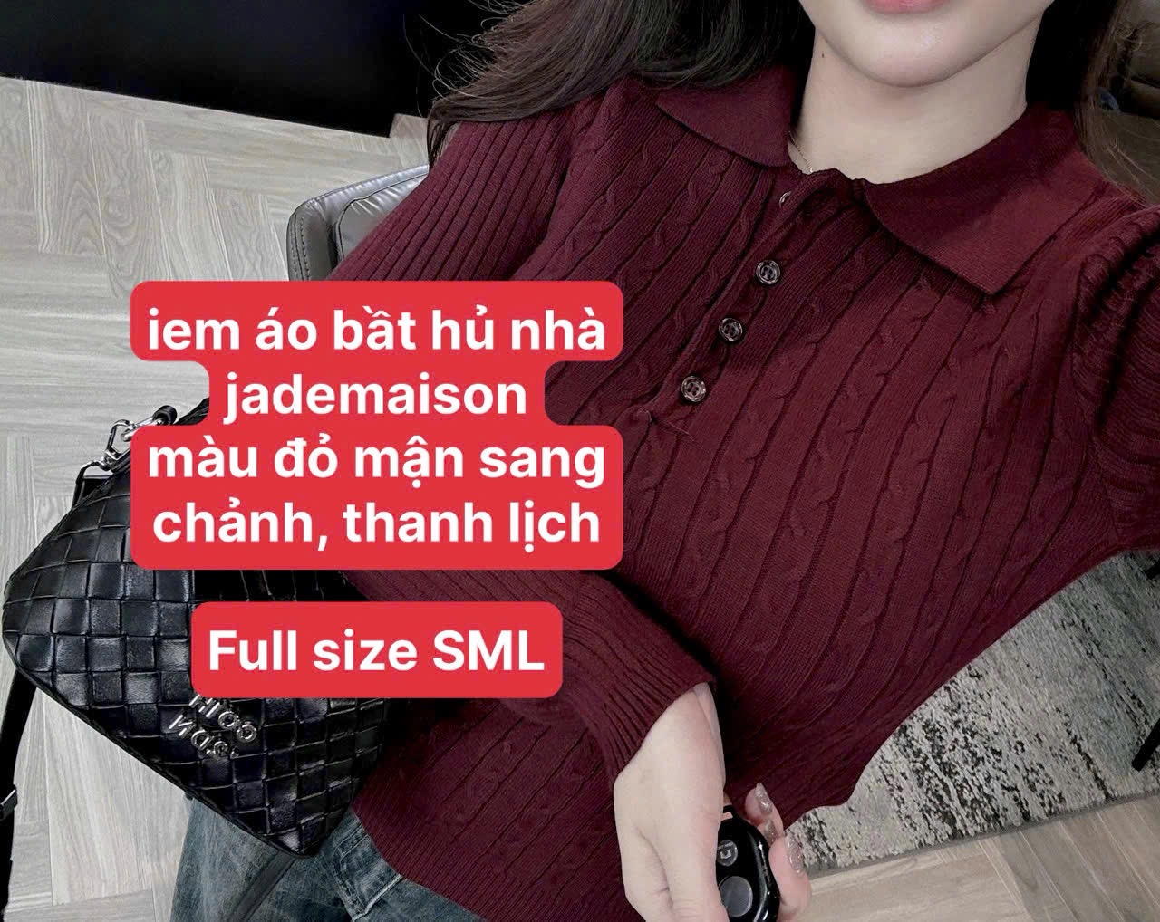 ÁO LEN THỪNG CÚC NGỰC DÀI TAY JDMS ĐỎ MẬN