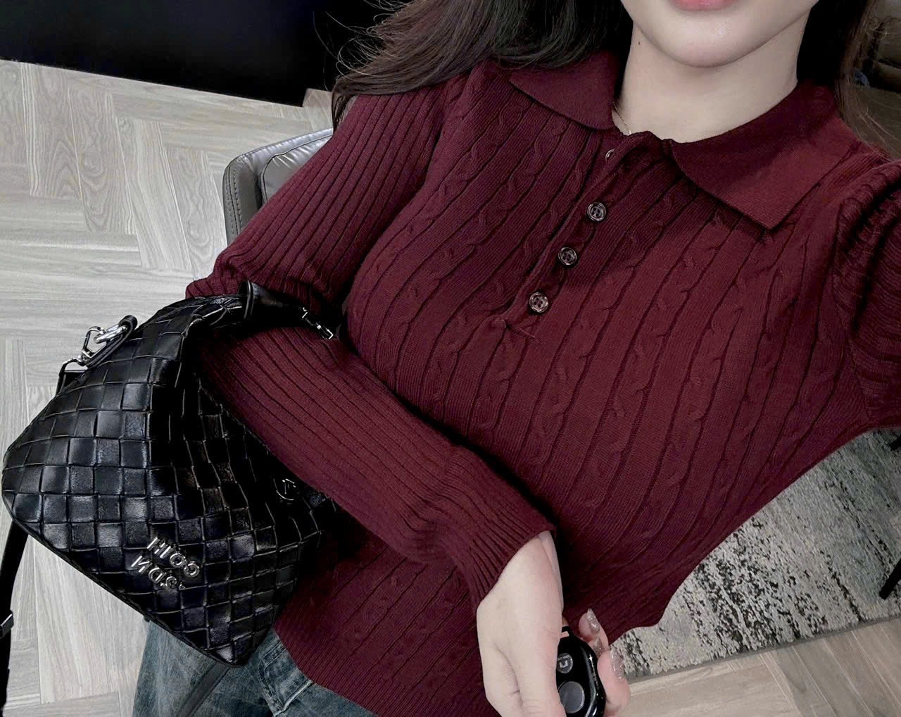 ÁO LEN THỪNG CÚC NGỰC DÀI TAY JDMS ĐỎ MẬN