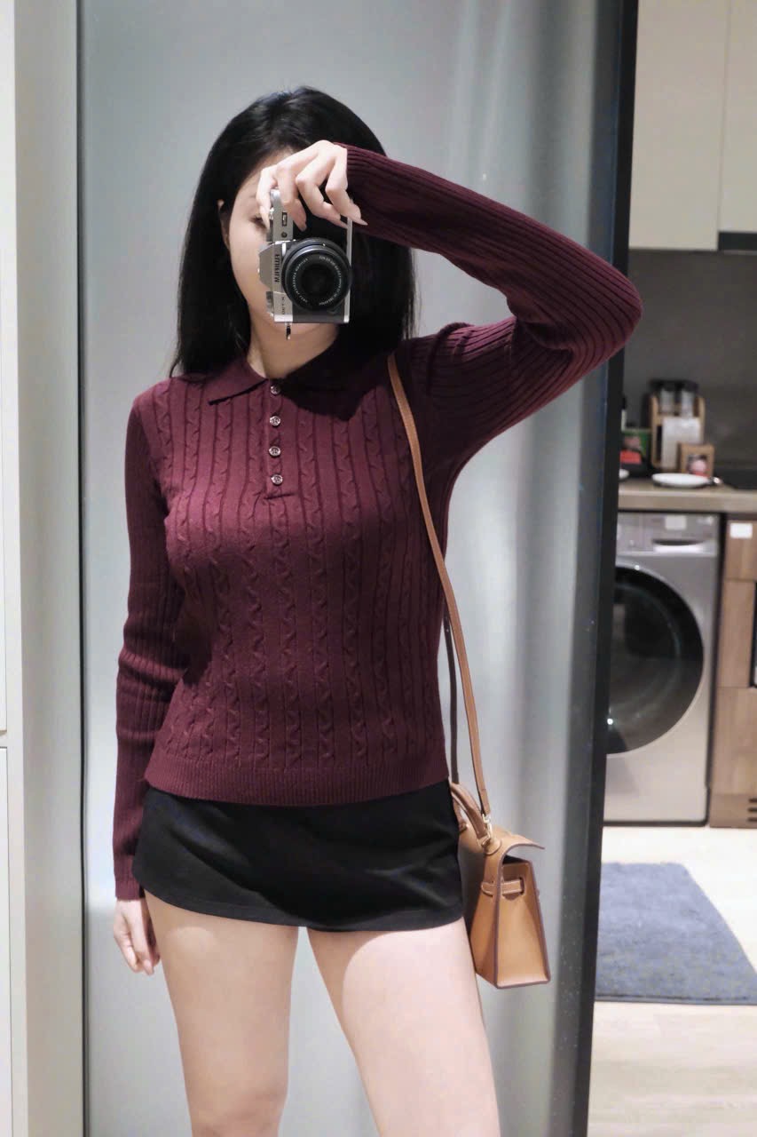 ÁO LEN THỪNG CÚC NGỰC DÀI TAY JDMS ĐỎ MẬN