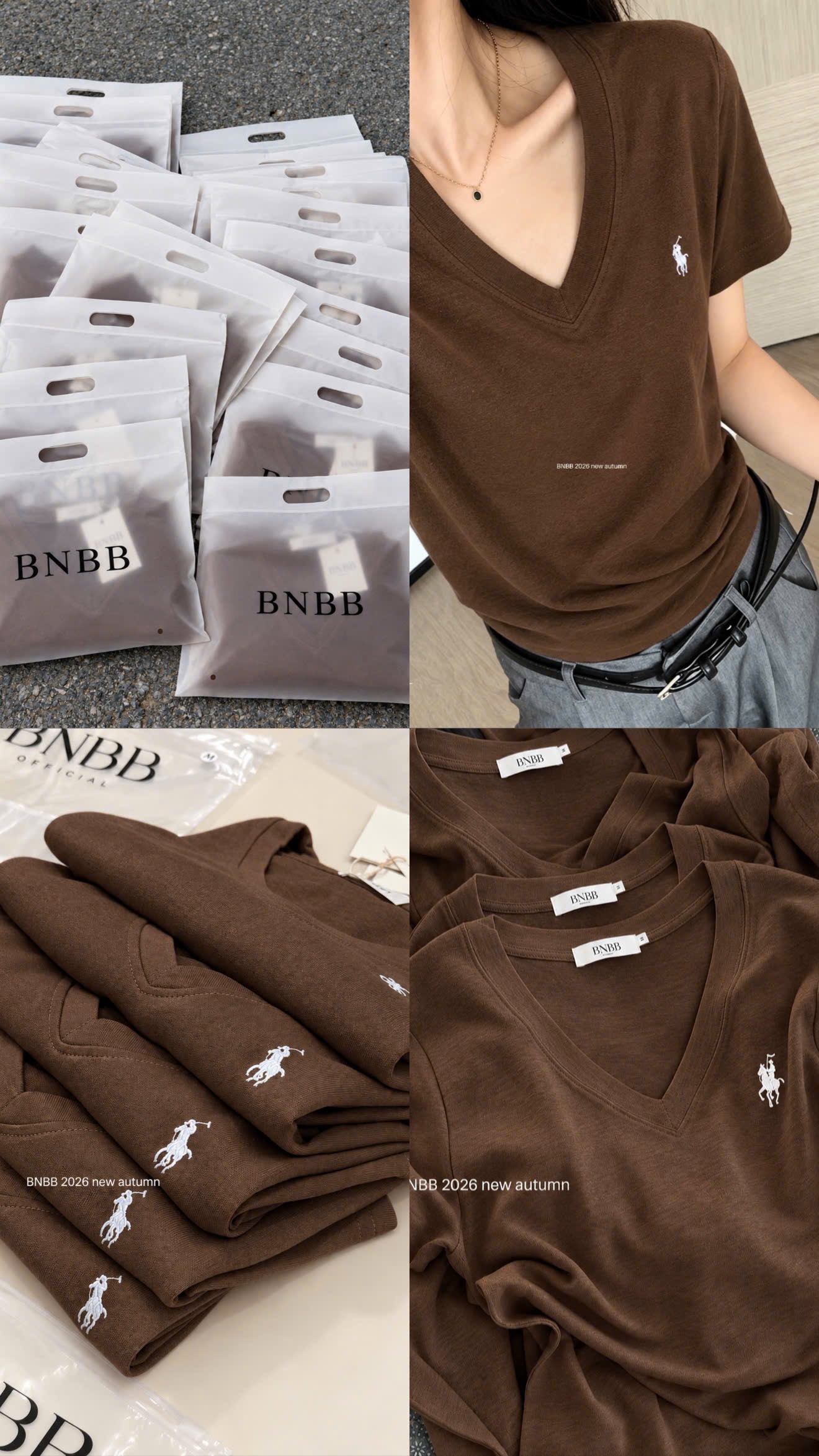 Gom - ÁO PULL CỘC CỔ TIM THÊU NGỰA MÀU NÂU BNBB