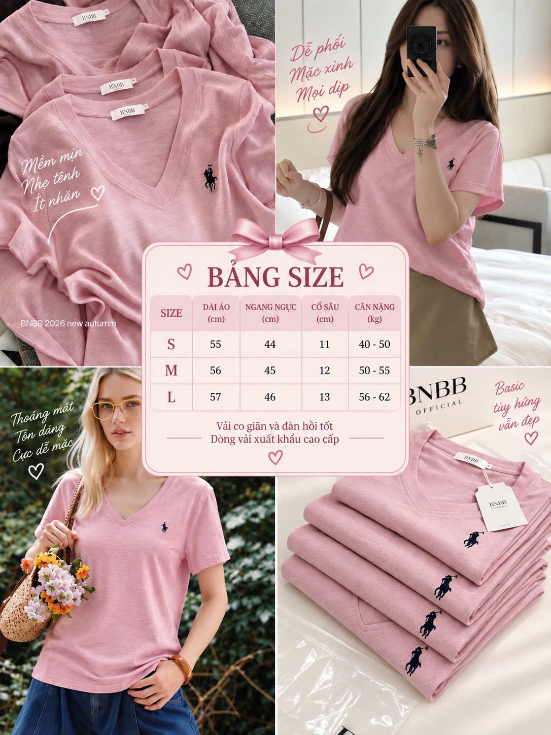 ÁO PULL CỘC HỒNG BNBB THÊU NGỰA CỔ TIM