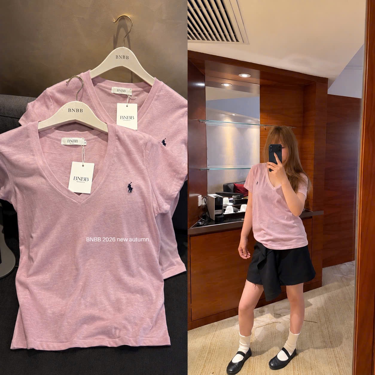 ÁO PULL CỘC HỒNG BNBB THÊU NGỰA CỔ TIM