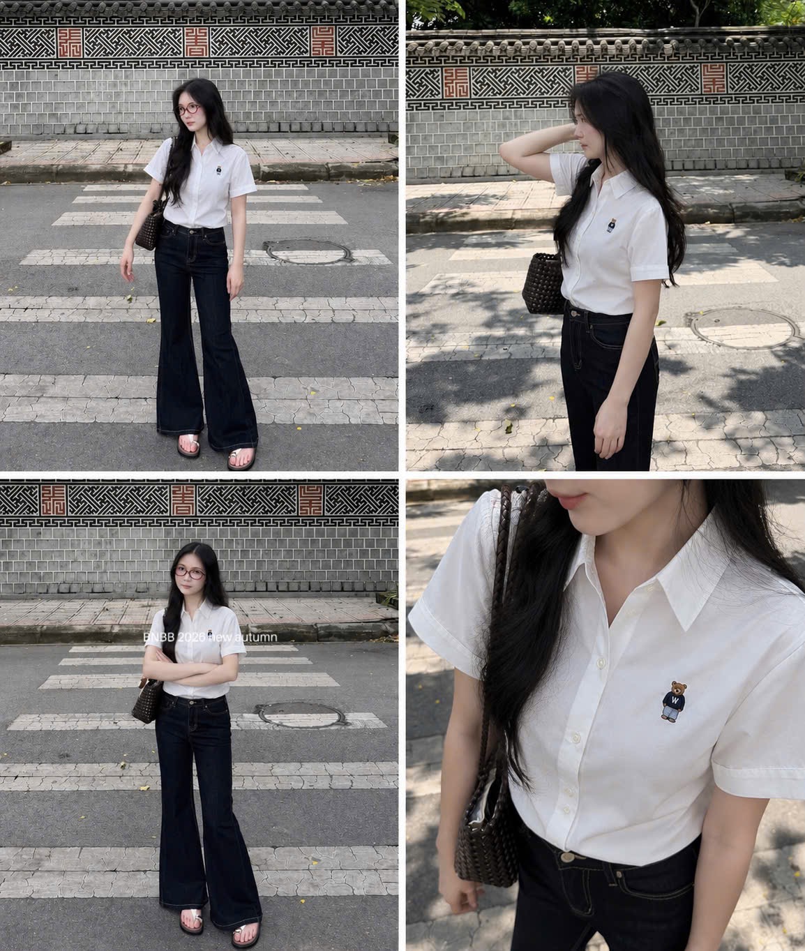 Gom - ÁO SƠ MI CỘC TAY THÊU GẤU WHOU MÀU TRẮNG
