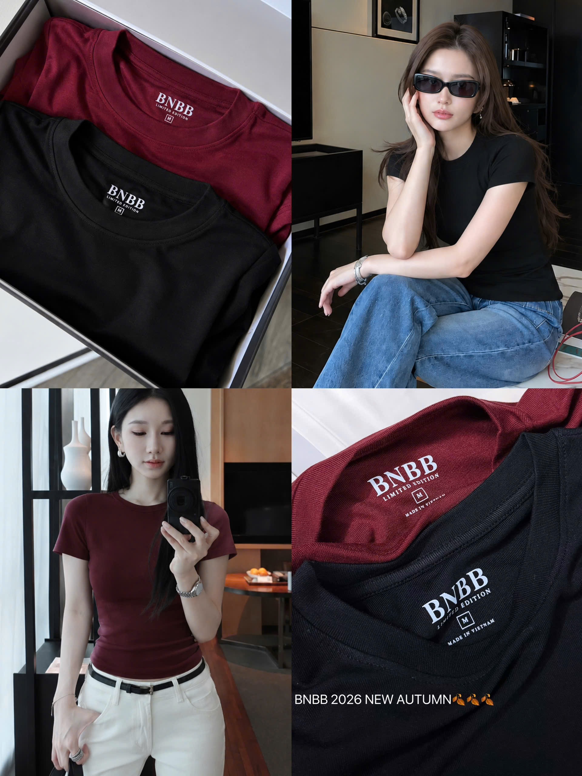 Gom - SÉT 2 ÁO CỘC ĐEN ĐỎ BNBB TRƠN