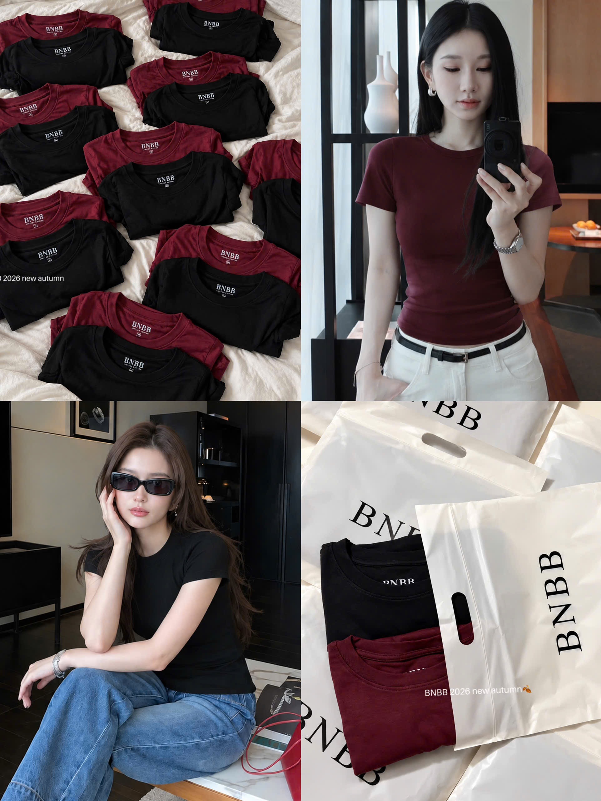 Gom - SÉT 2 ÁO CỘC ĐEN ĐỎ BNBB TRƠN