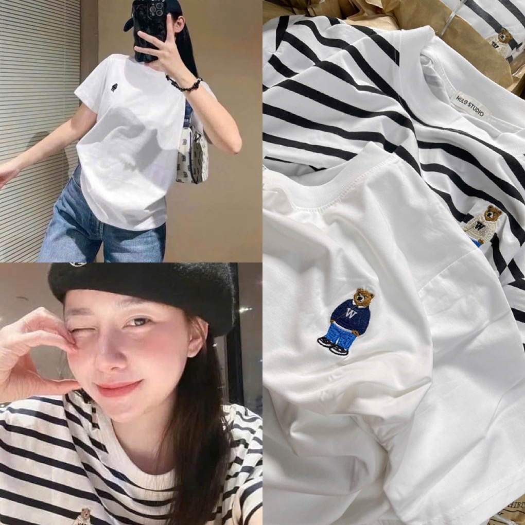 SET 2 ÁO PULL CỘC THÊU GẤU WHOU TRẮNG KỂ