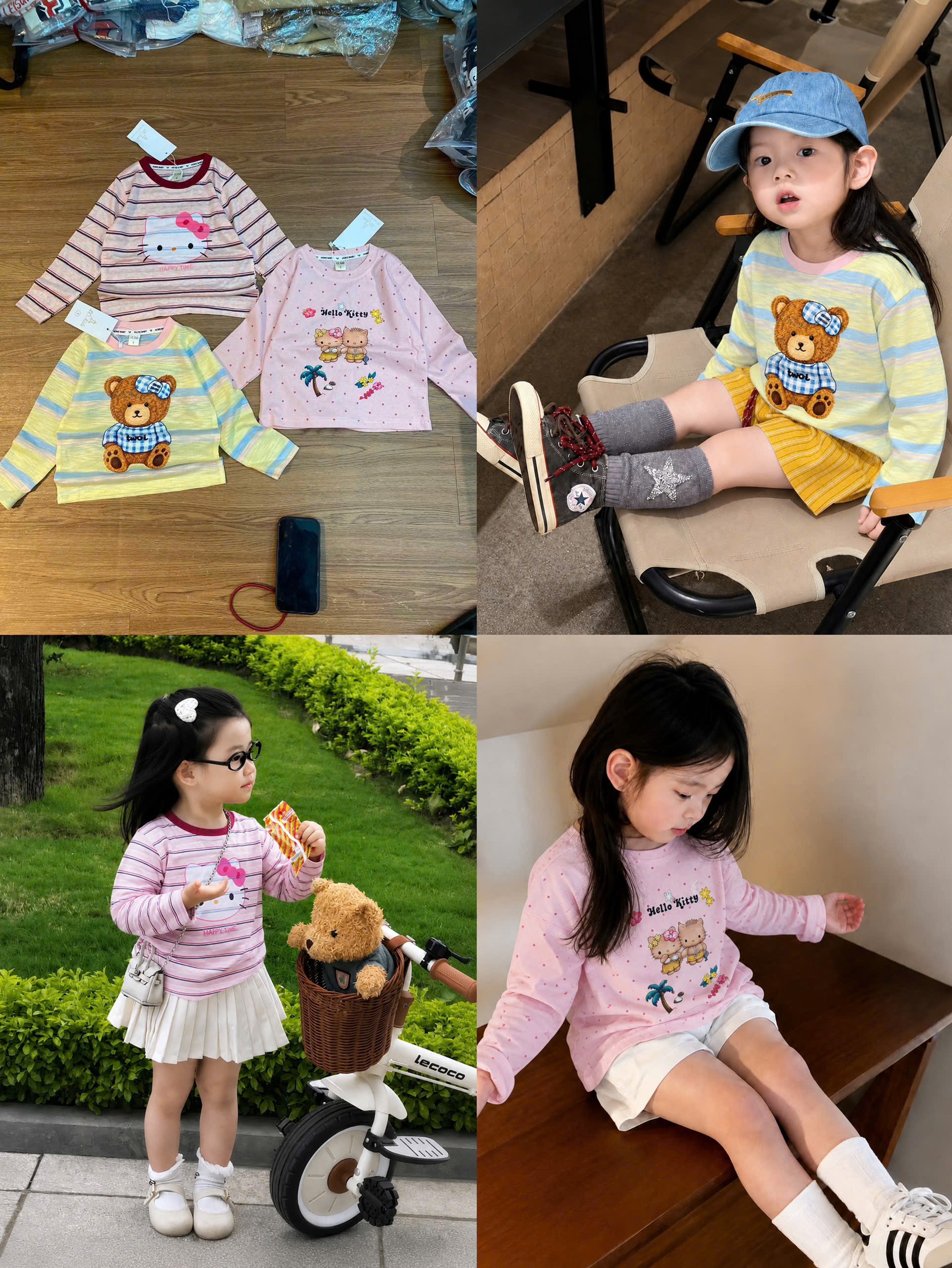 SET 3 ÁO KẺ DT HÌNH MÈO GẤU HỒNG VÀNG