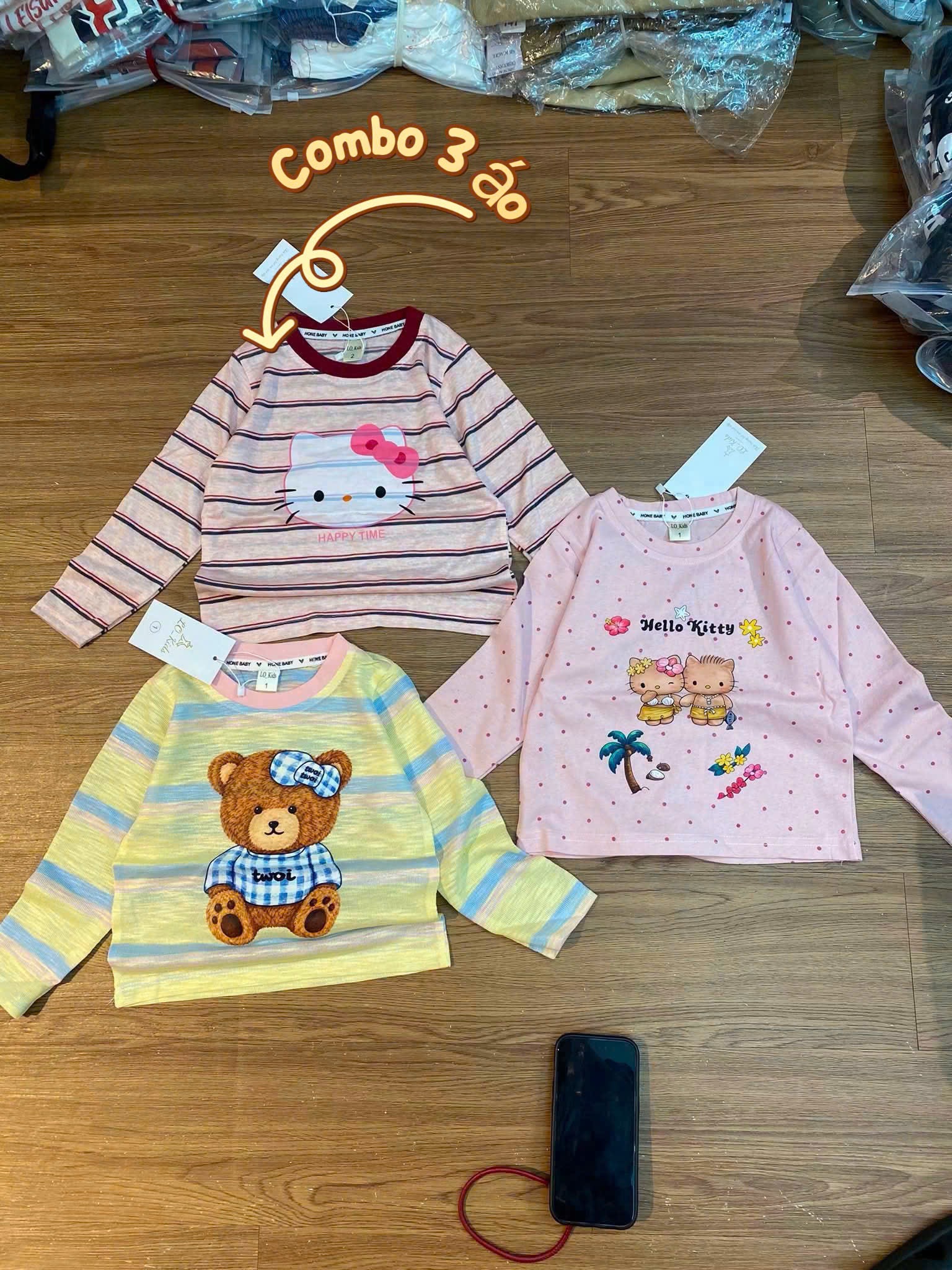 SET 3 ÁO KẺ DT HÌNH MÈO GẤU HỒNG VÀNG