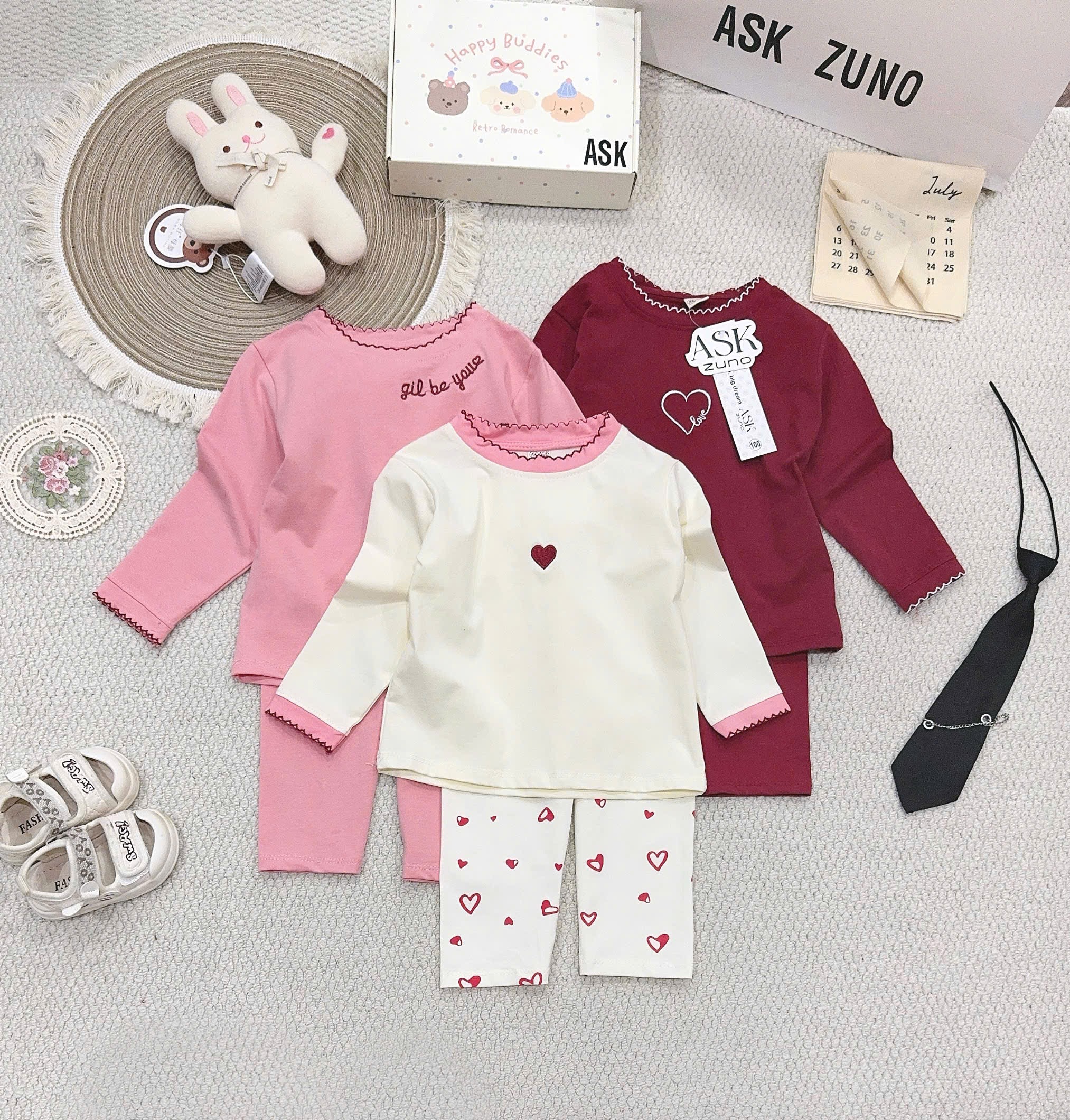 HD SET 3B DÀI TAY BÉ GÁI TRÁI TIM TONE HỒNG ĐỎ KEM