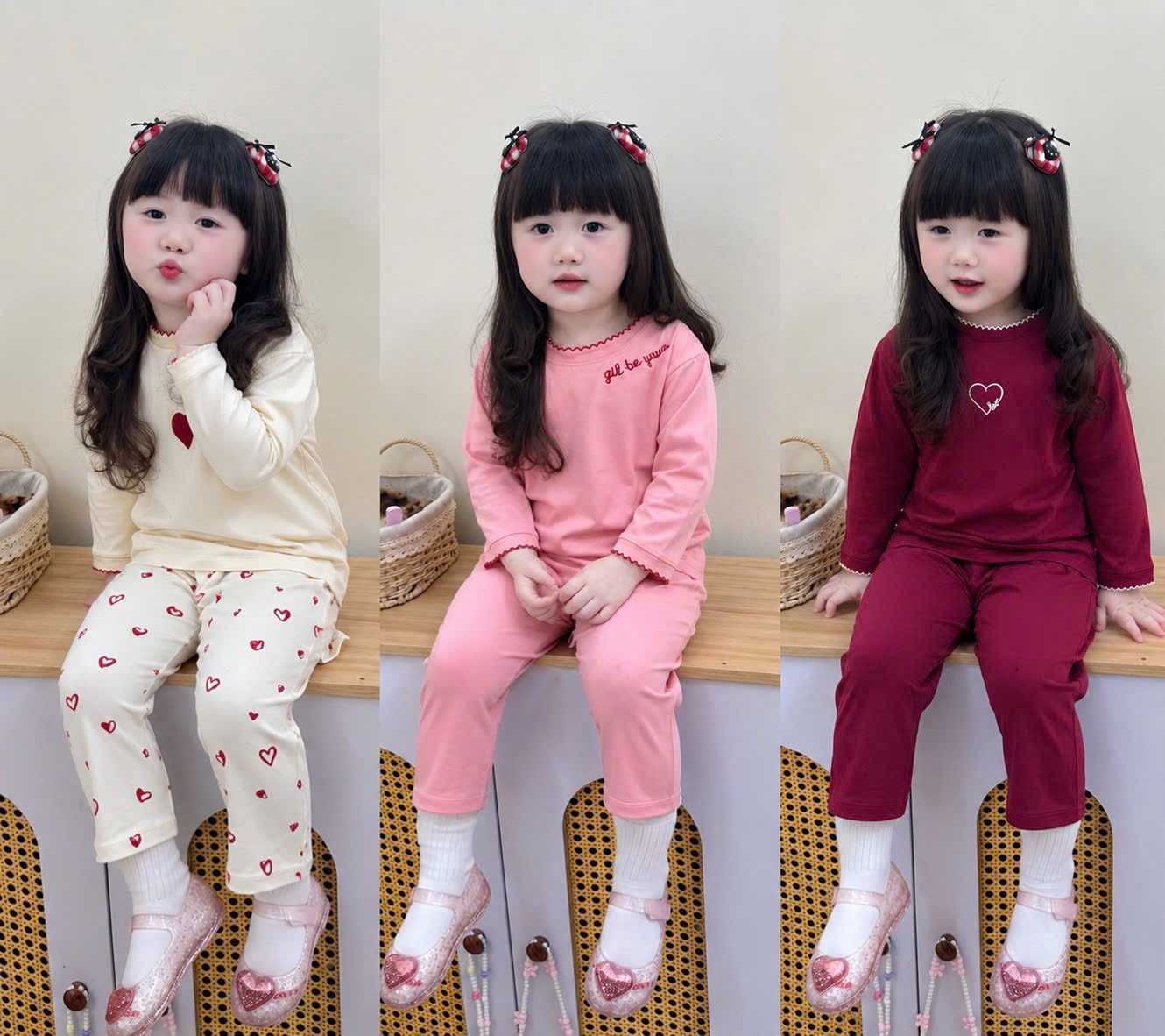 HD SET 3B DÀI TAY BÉ GÁI TRÁI TIM TONE HỒNG ĐỎ KEM