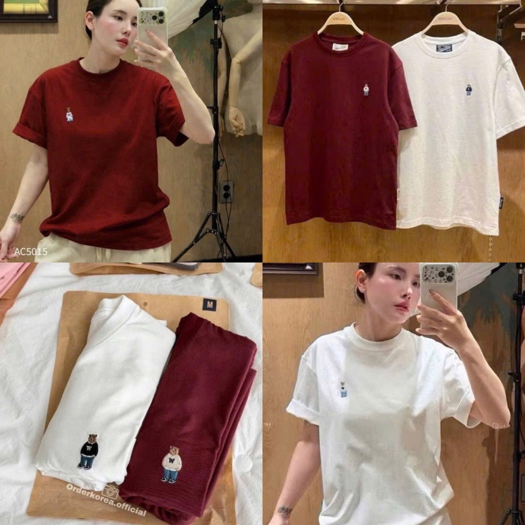 SET 2 ÁO CỘC CỔ TRÒN THÊU GÂU WHOU ĐỎ TRẮNG