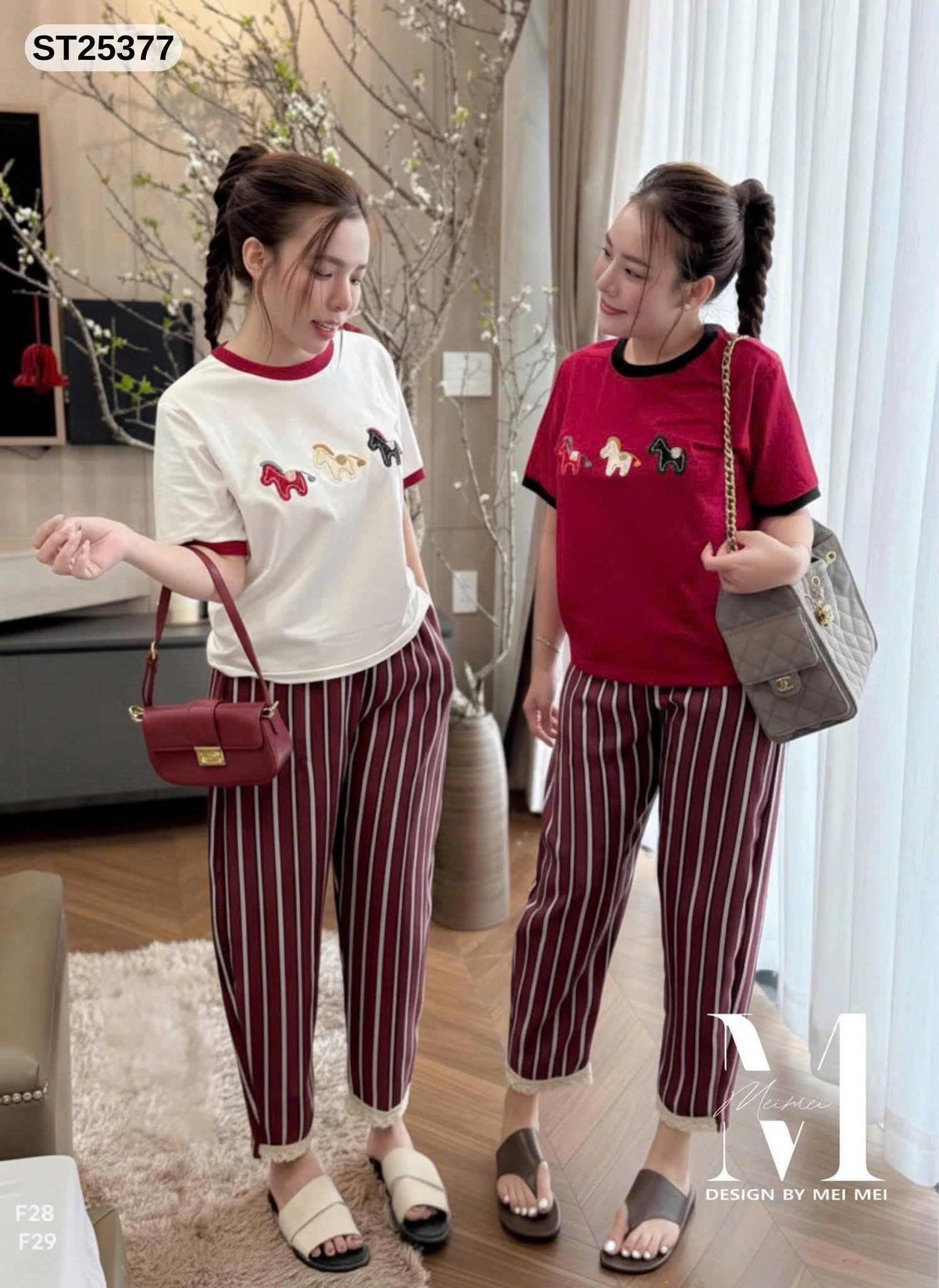 SET 2 ÁO COTTON TÀU THÊU NGỰA CỔ VIỀM TRÂNG ĐỎ