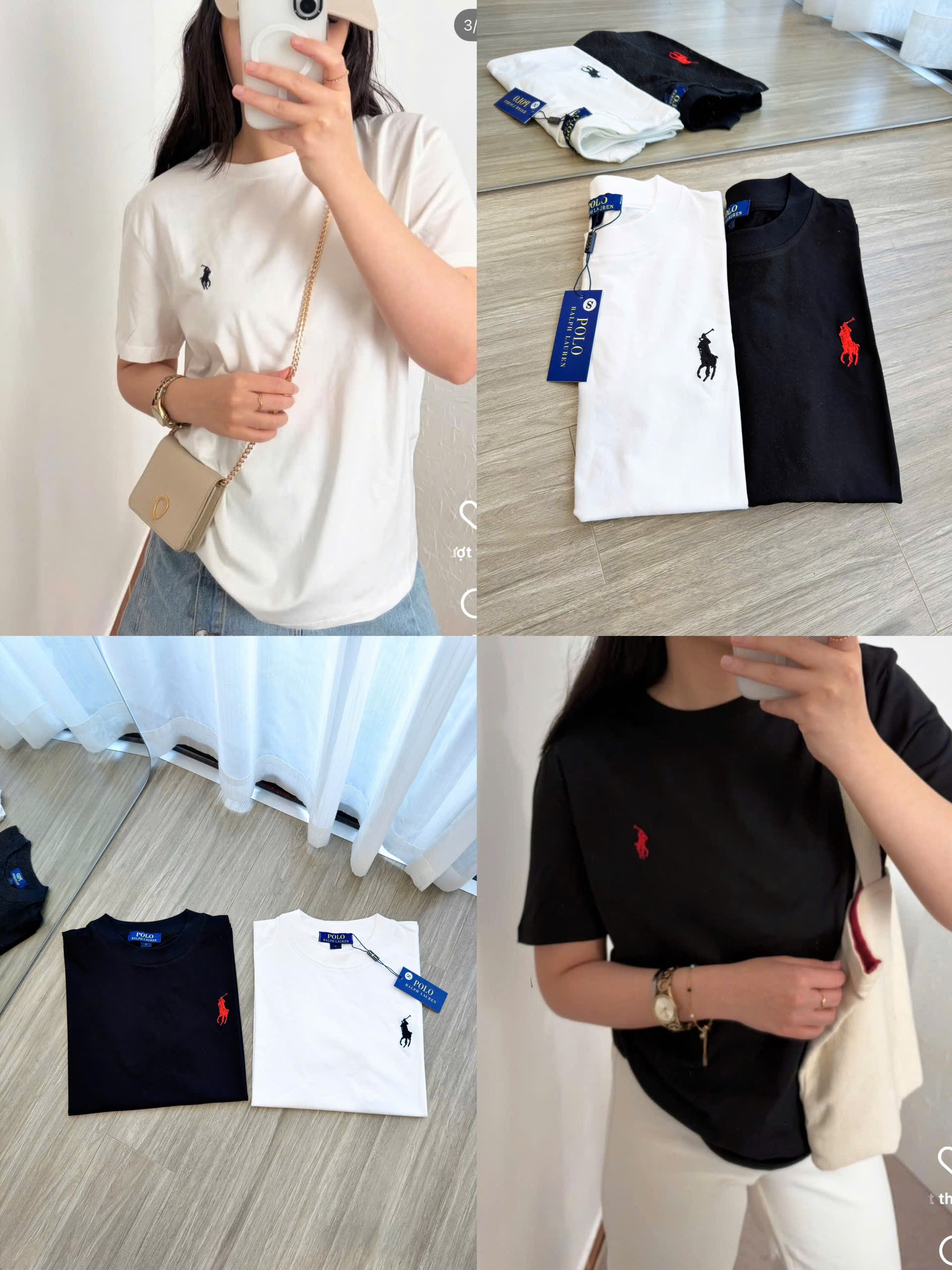 SET 2 ÁO PULL CỘC POLO THÊU NGỰA ĐEN TRẮNG CỔ TRÒN