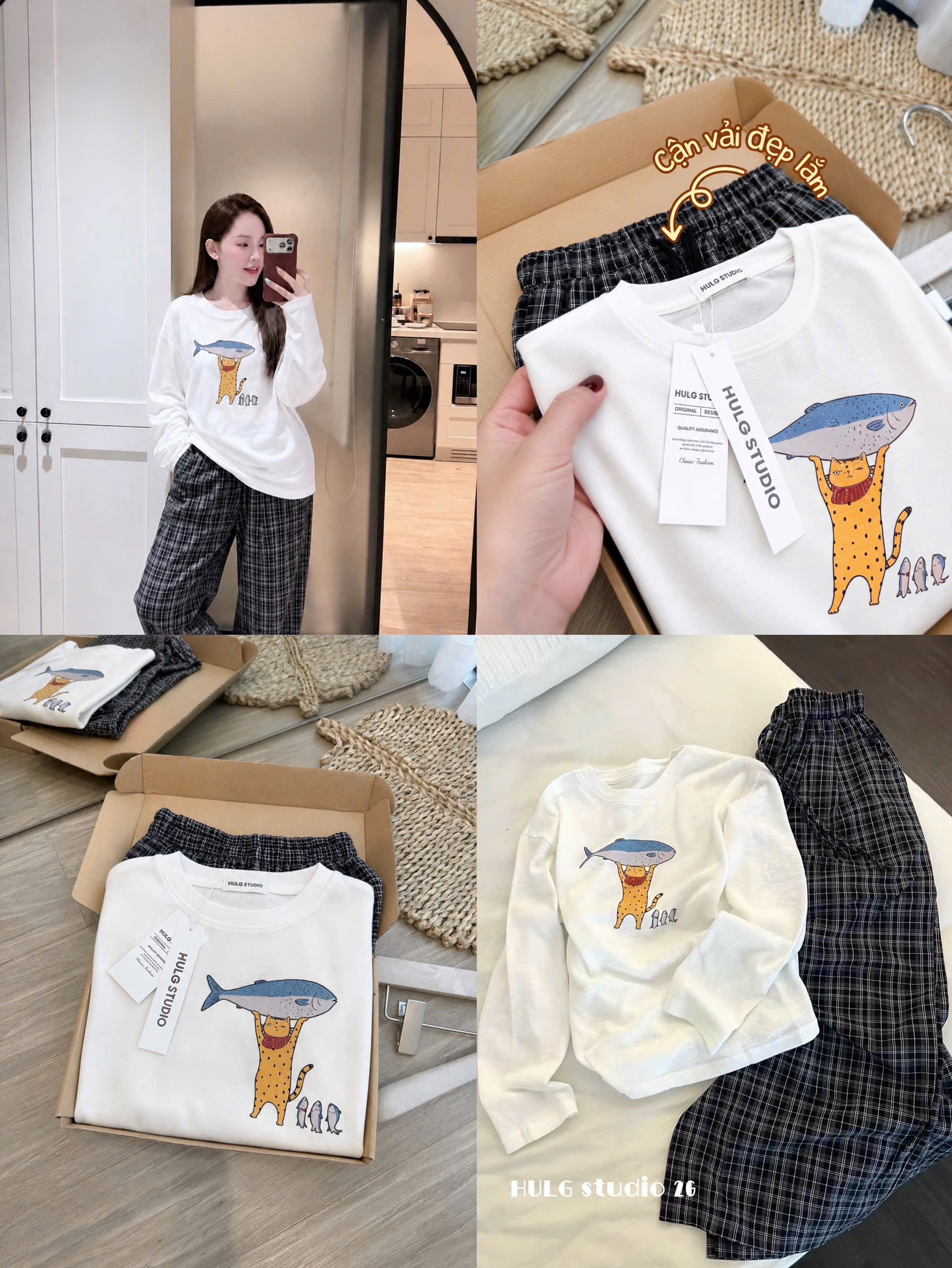 SET ÁO TRẮNG HÌNH CÁ HEO QUẦN KẺ