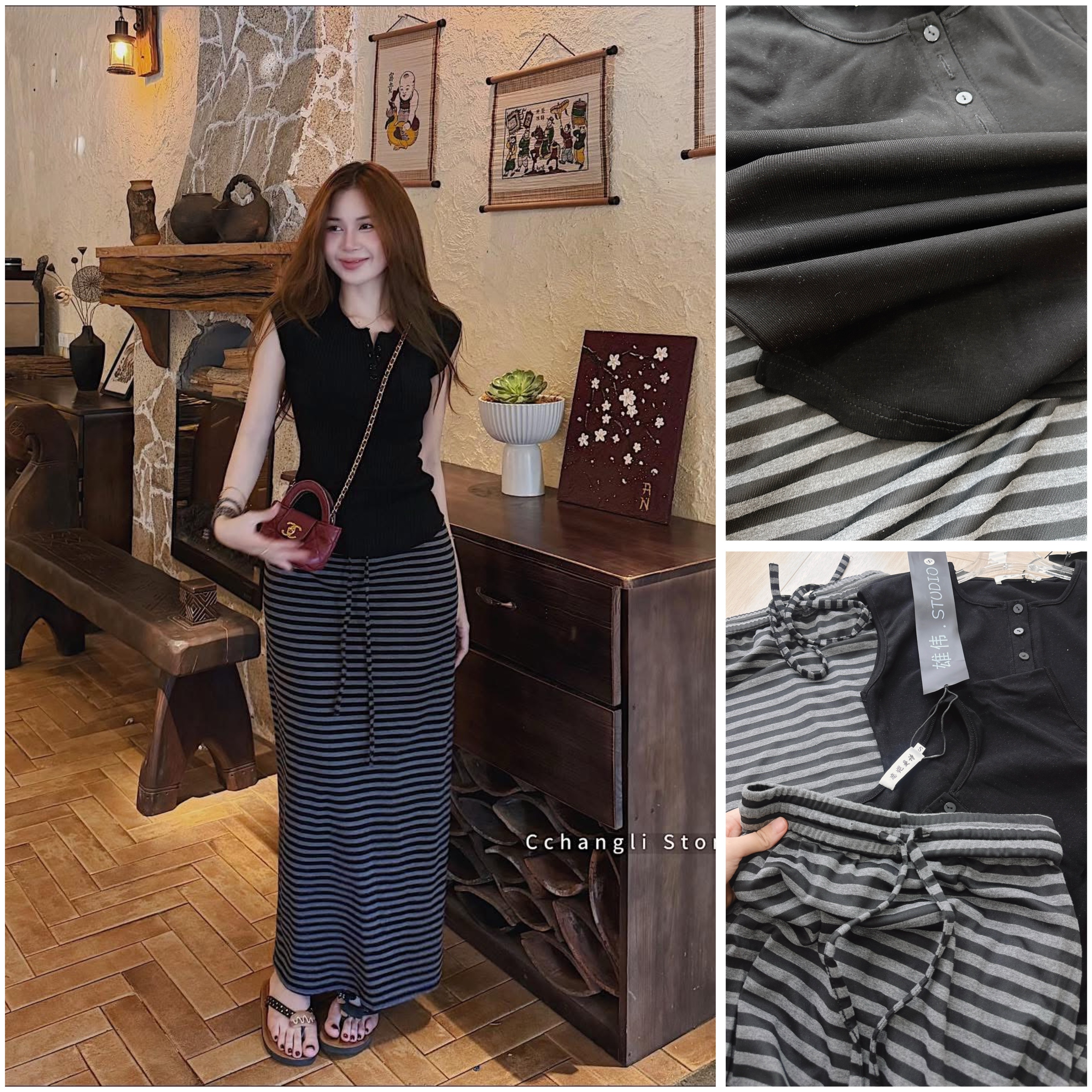 SET ÁO ZIP ĐEN CÚC NGỰC MIX CV SỌC