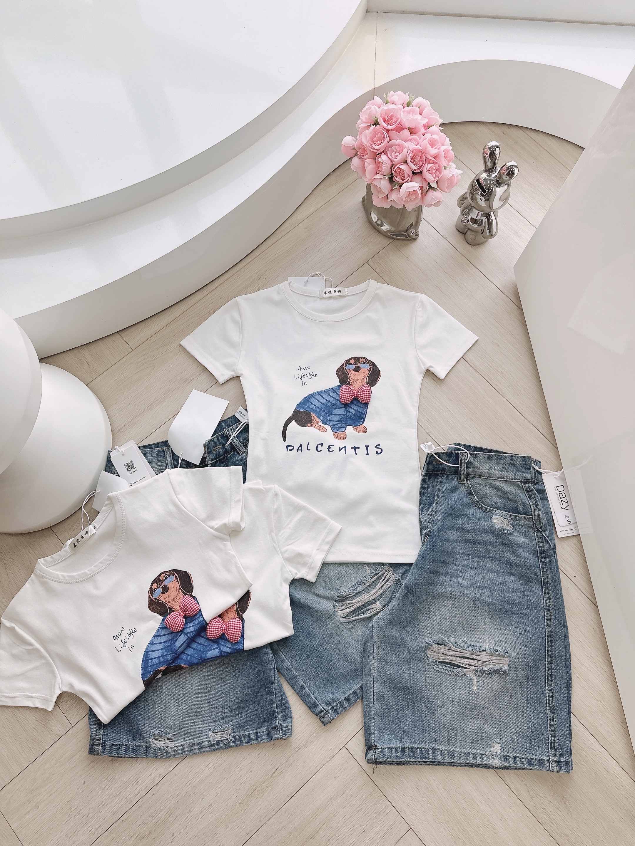 SET ÁO ZIP TRẮNG HÌNH CÚN NƠ 3D QUẦN JEAN