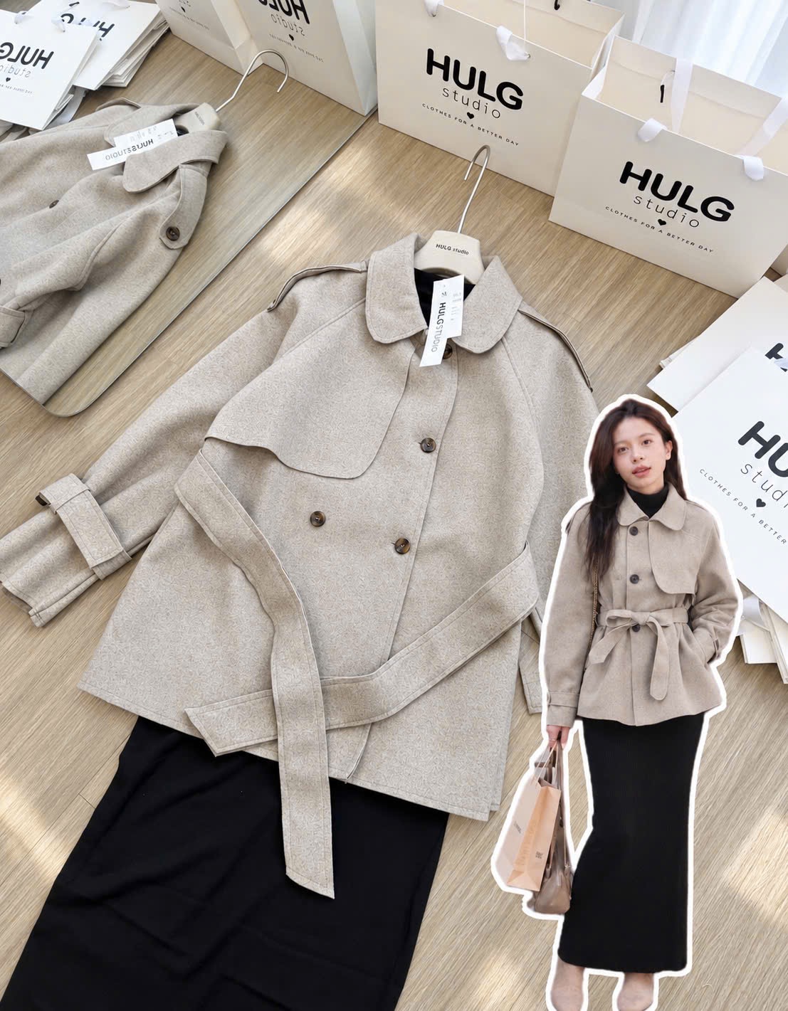 Gom - SÉT VÁY ZIP BODY ĐEN KÈM ÁO KHOÁC DẠ BE