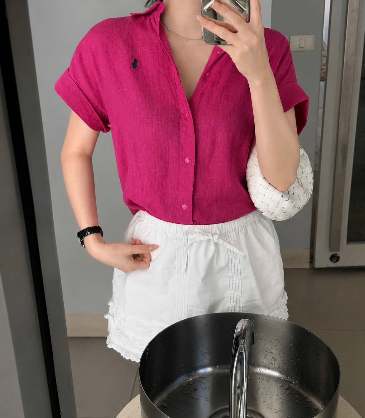 SƠ MI MÀU HỒNG CÔC TAY THÊU NGỰA CHO NỮ
