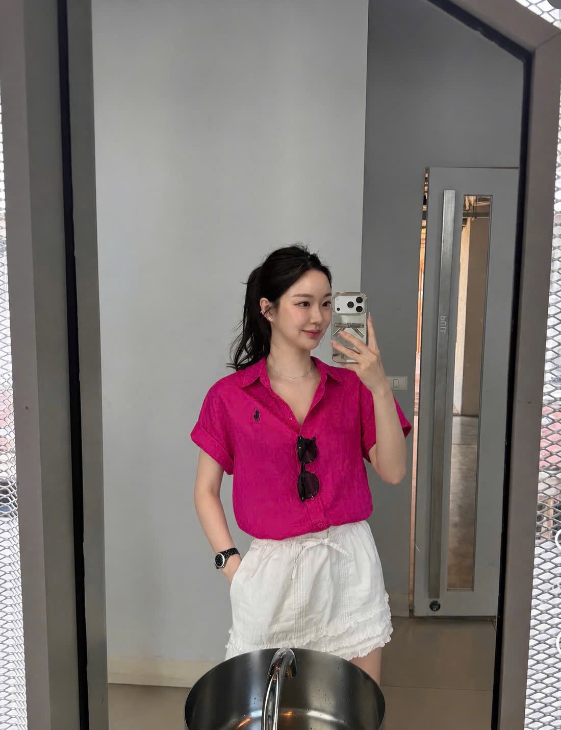 SƠ MI MÀU HỒNG CÔC TAY THÊU NGỰA CHO NỮ