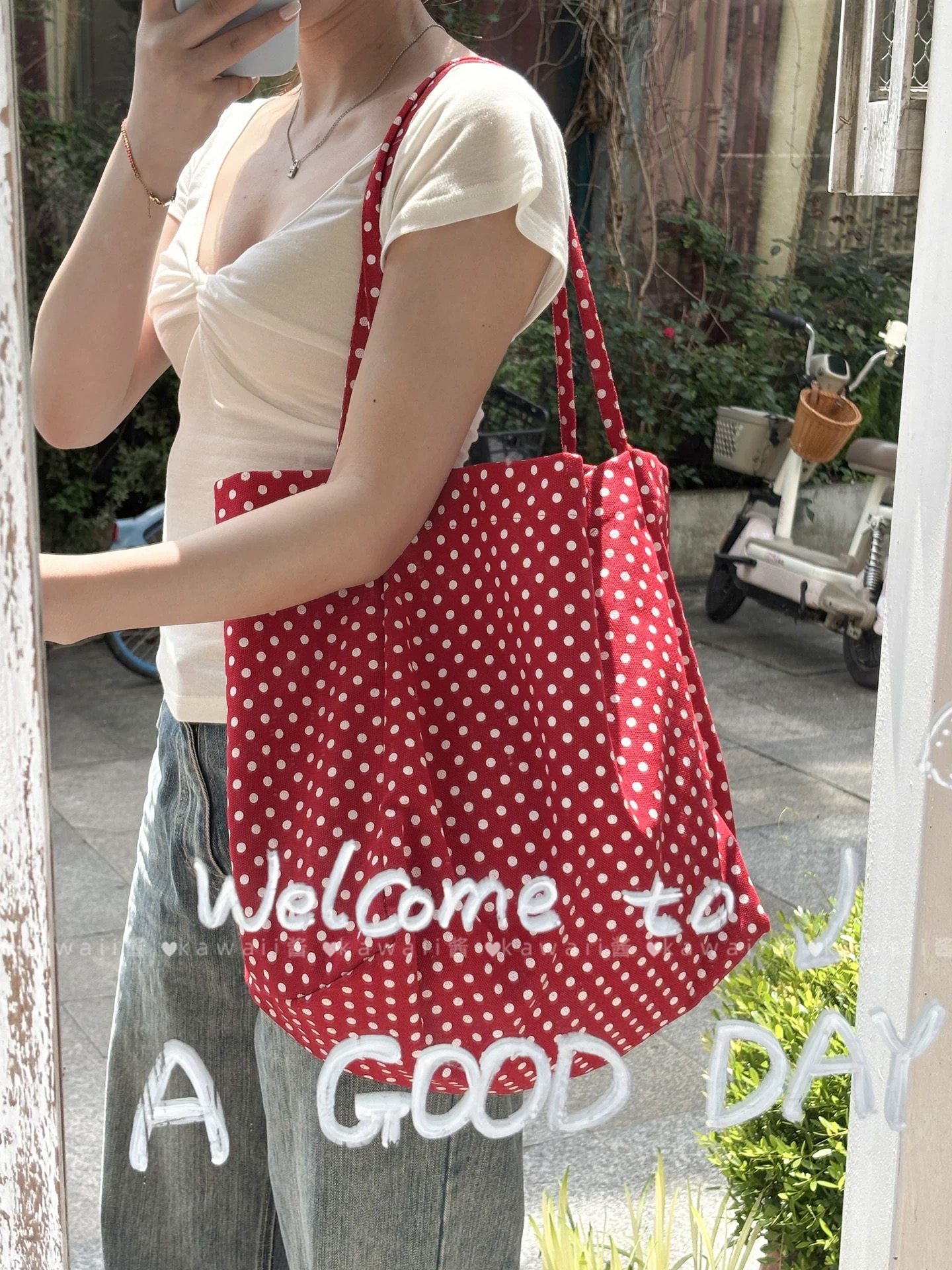 TÚI TOTE BIGSIZE CHẤM BI MÀU ĐỎ QC