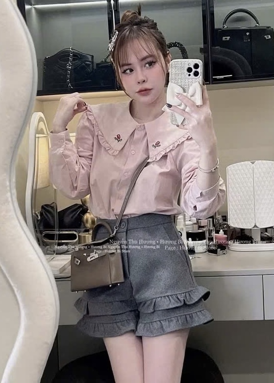 XẢ KHO ÁO SƠ MI HỒNG THÊU HOA CỔ BÈO