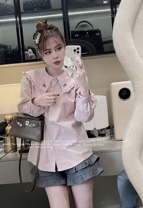 XẢ KHO ÁO SƠ MI HỒNG THÊU HOA CỔ BÈO