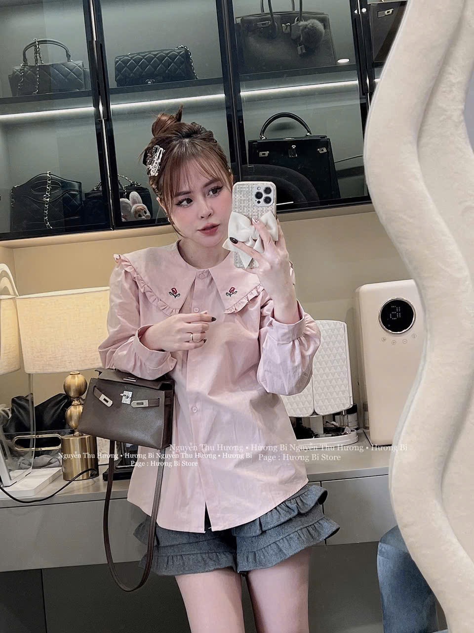 XẢ KHO ÁO SƠ MI HỒNG THÊU HOA CỔ BÈO