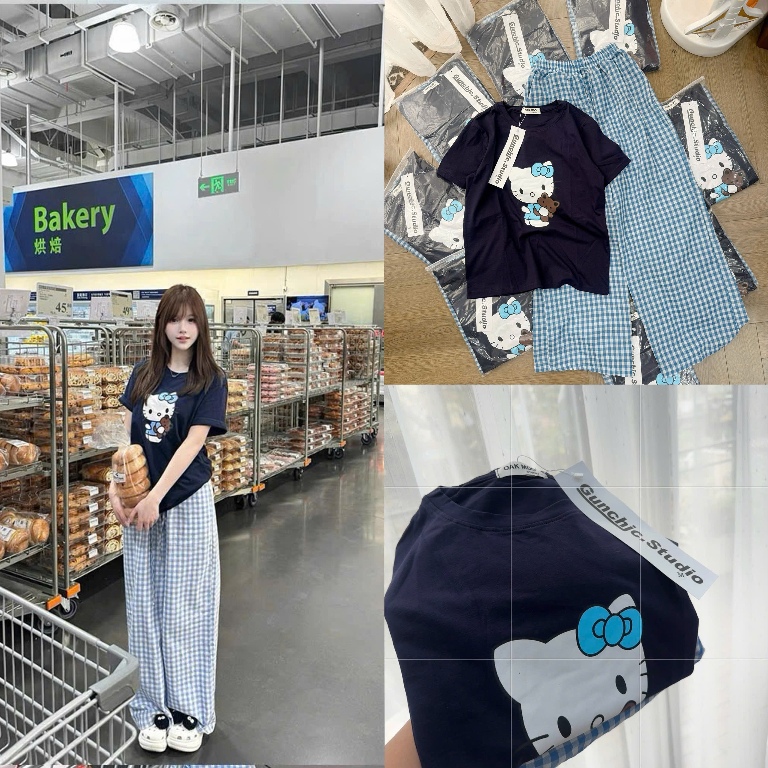 XẢ KHO BỘ MÈO KITTY QUẦN KẺ CARO