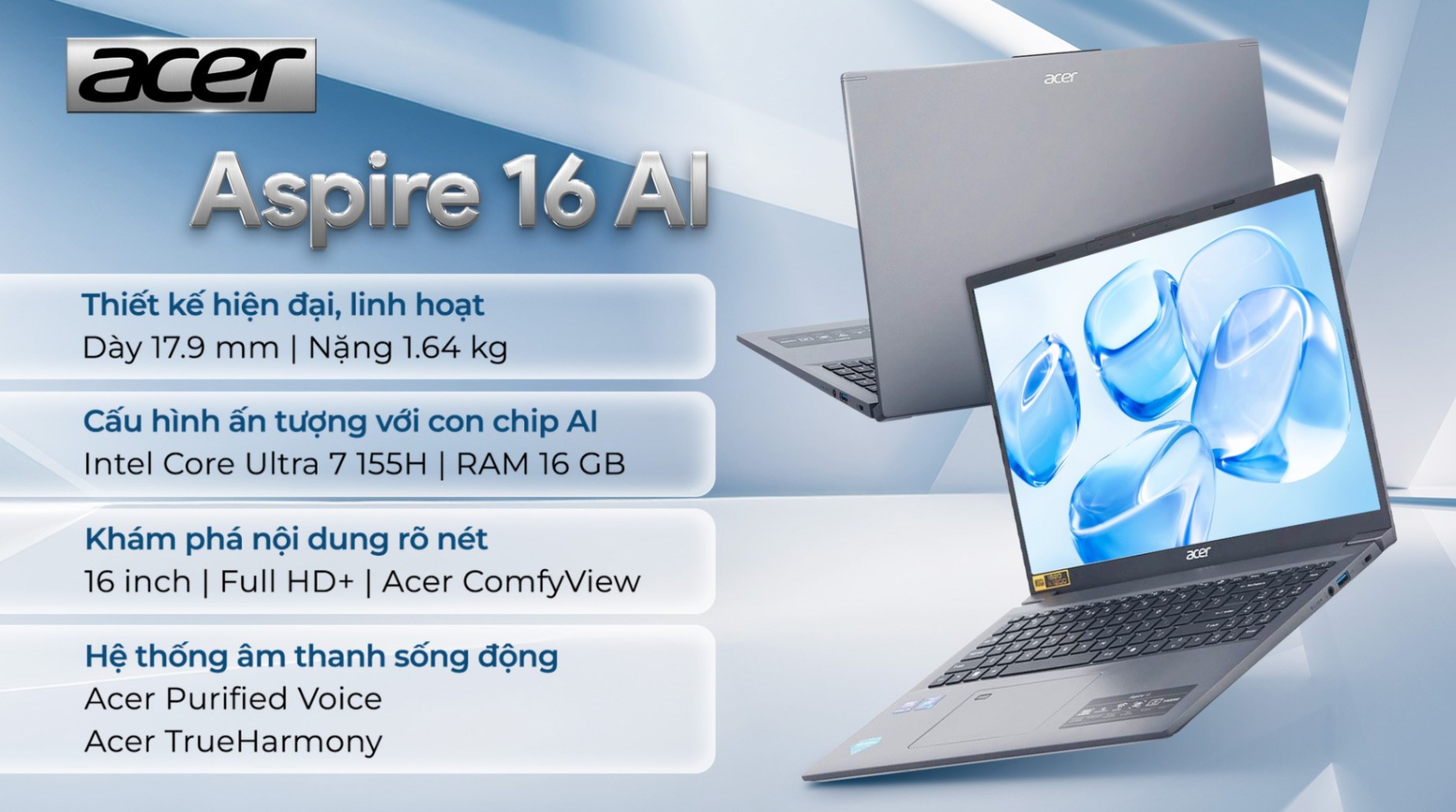Laptop Acer Aspire 16 AI A16 71M 71U7 Ultra 7 155H/16GB/512GB/Win11 (NX.J4YSV.002)