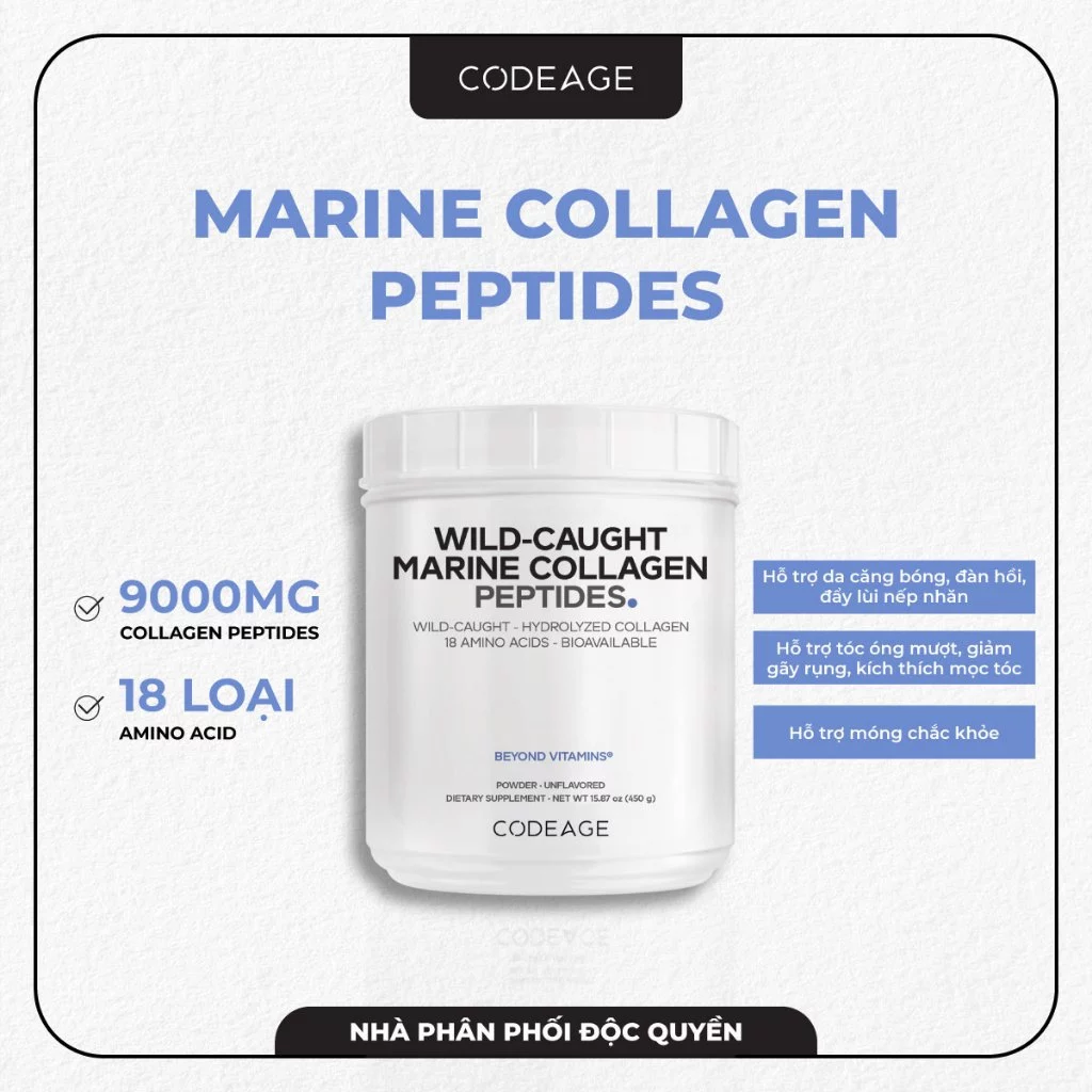 Bột uống bổ sung collagen cá tuyết chăm sóc làn da từ sâu bên trong Codeage Wild-Caught Marine Collagen.webp
