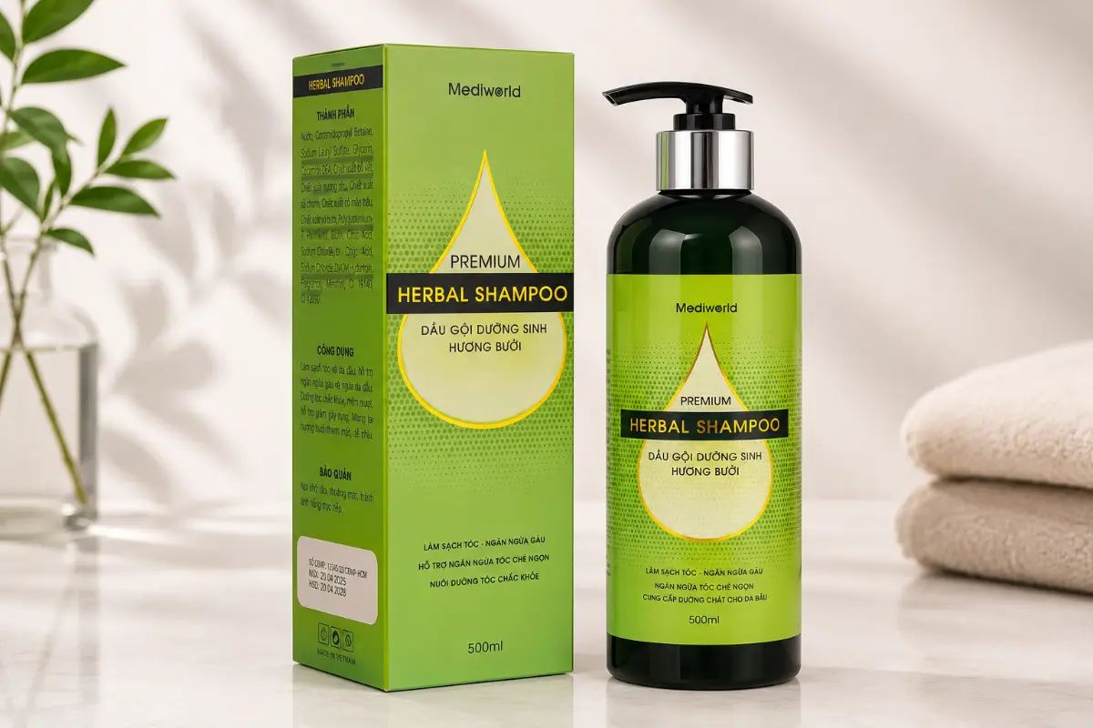 Dầu gội dưỡng sinh nuôi dưỡng tóc Mediworld Premium Herbal Shampoo.webp