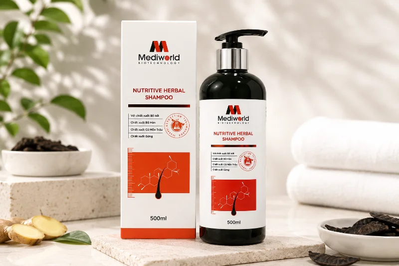 Dầu gội hỗ trợ ngăn ngừa tóc chẻ ngọn và xơ rối Mediworld Nutritive Herbal Shampoo.webp