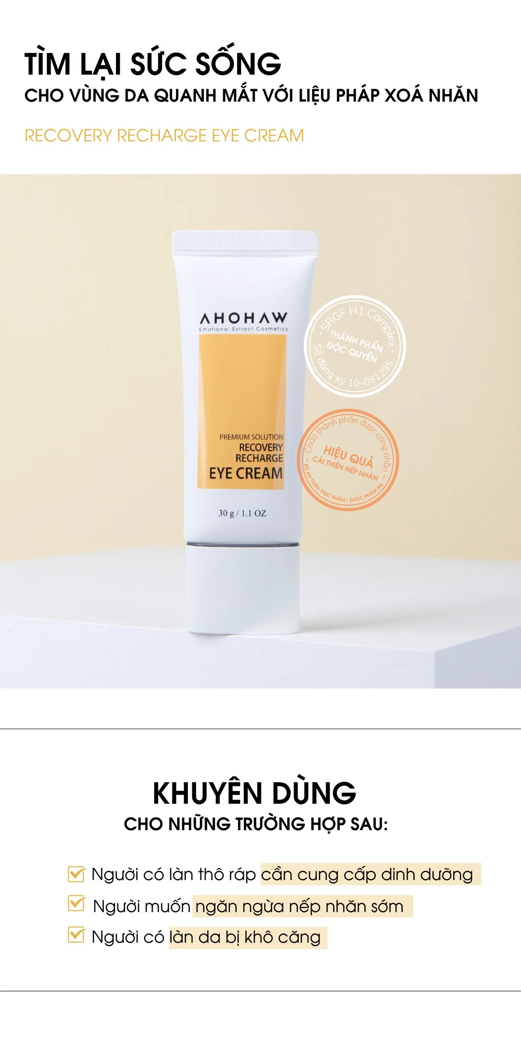 Kem dưỡng cân bằng ẩm cải thiện nếp nhăn vùng quanh mắt Ahohwa Premium Solution Recovery Recharge Eye Cream.webp