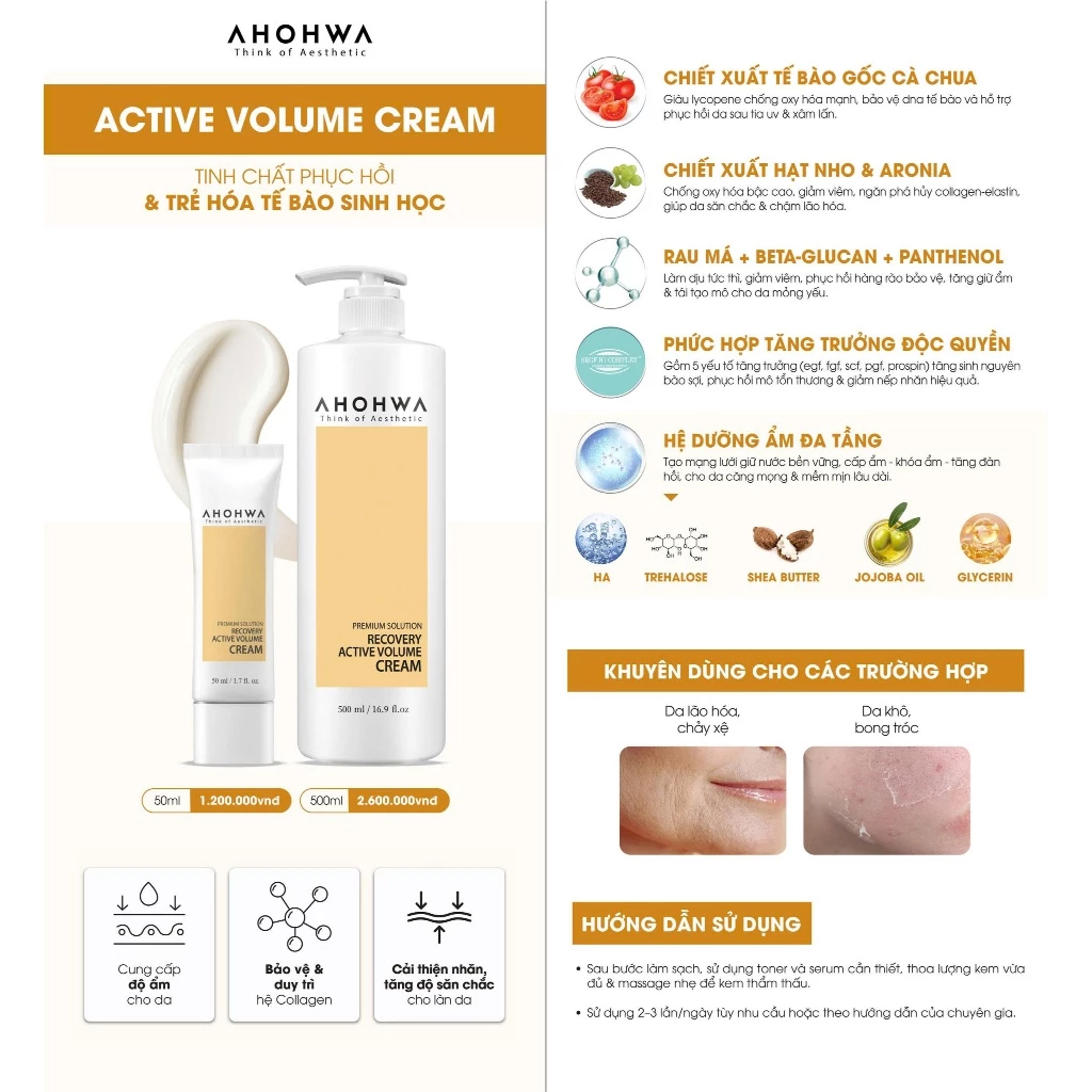 Kem dưỡng cân bằng ẩm phục hồi chống lão hóa Ahohwa Premium Solution Recovery Active Volume Cream.webp