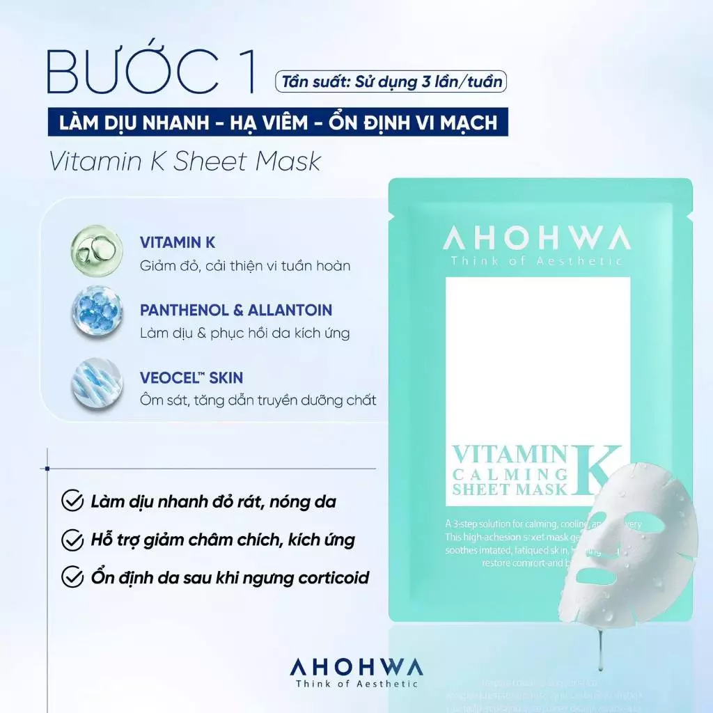 Mặt nạ giấy sinh học phục hồi vitamin K Ahohwa Vitamin K Calming Sheet Mask.webp