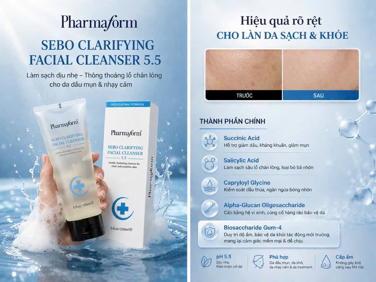 Sữa rửa mặt dịu nhẹ làm sạch loại bỏ cặn bẩn, bã nhờn tích tụ trên bề mặt da Pharmaform Sebo Clarifying Facial Cleanser.jpg