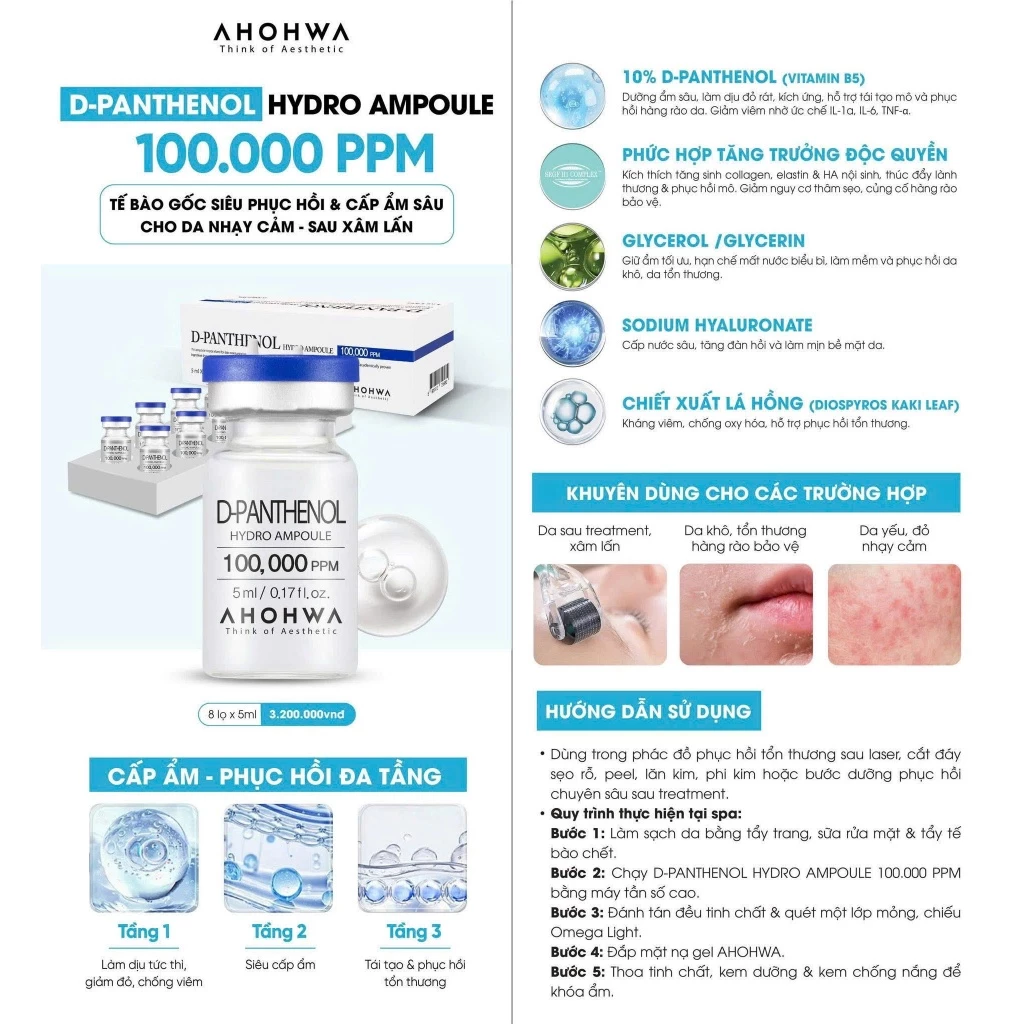 Tế bào gốc kháng viêm phục hồi tái tạo da nhạy cảm sau xâm lấn Ahohwa D-Panthenol Hydro Ampoule.webp