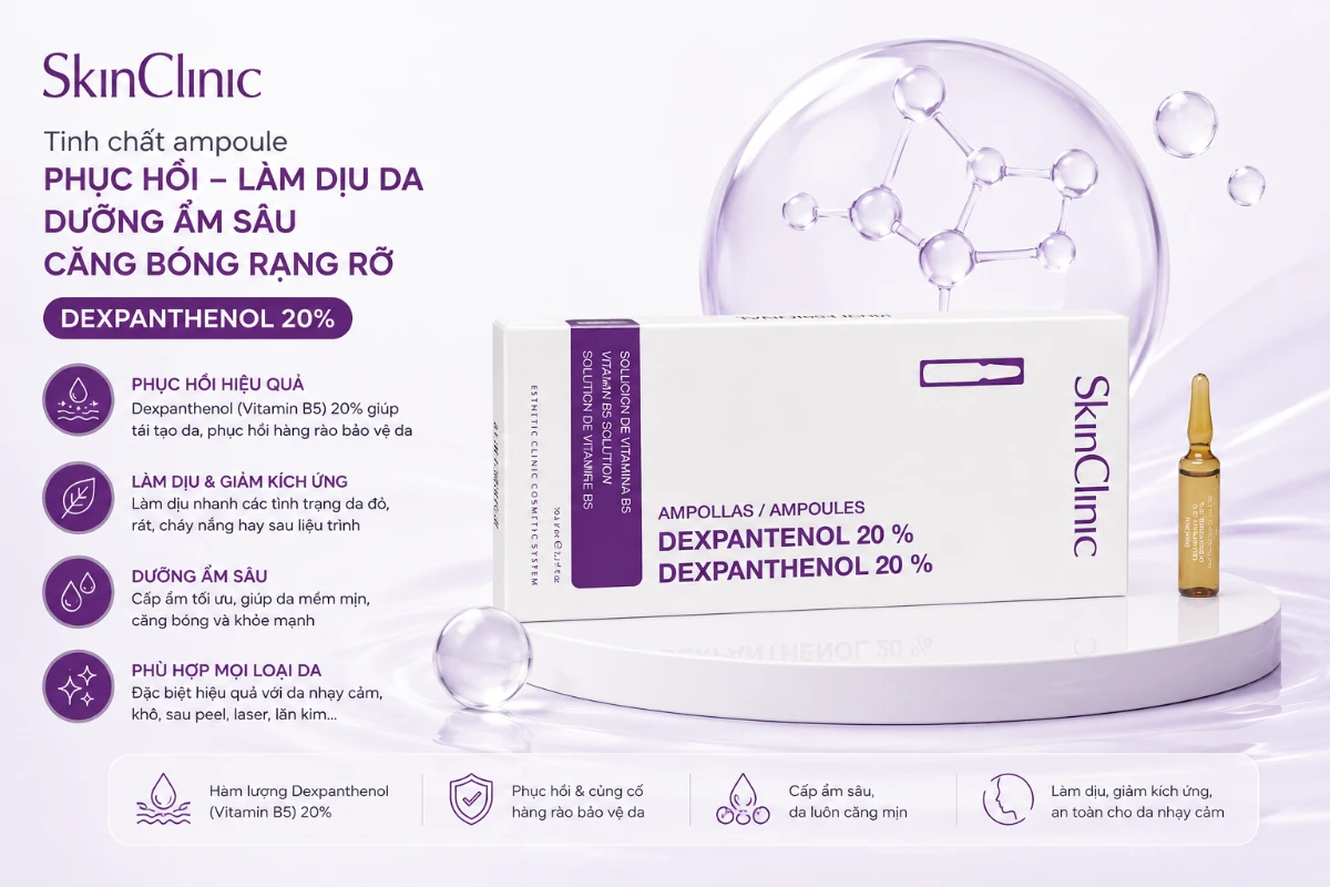 Tinh chất ampoule phục hồi làm dịu da dưỡng ẩm căng bóng da SkinClinic Dexpanthenol 20%.webp