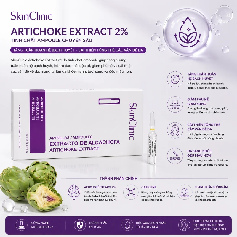 Tinh chất ampoule tăng tuần hoàn hệ bạch huyết cải thiện tổng thể các vấn đề da SkinClinic Artichoke Extract 2%.webp