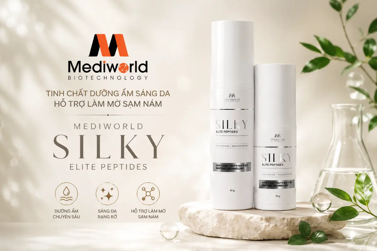 Tinh chất dưỡng ẩm sáng da hỗ trợ làm mờ sạm nám Mediworld Silky Elite Peptides.webp
