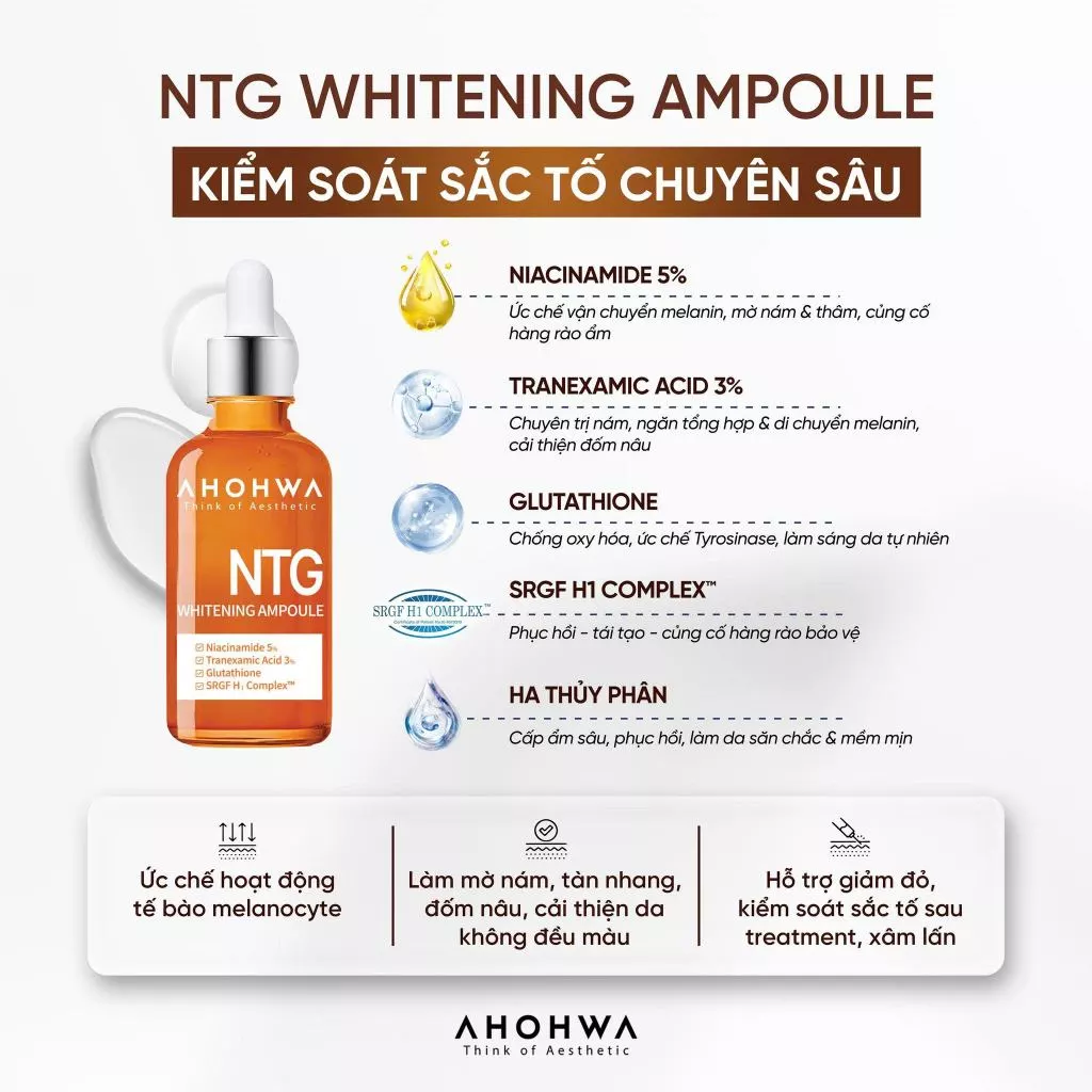 Tinh chất giảm nám đỏ dưỡng trắng kiểm soát tăng sắc tố Ahohwa Whitening Ampoule NTG.webp