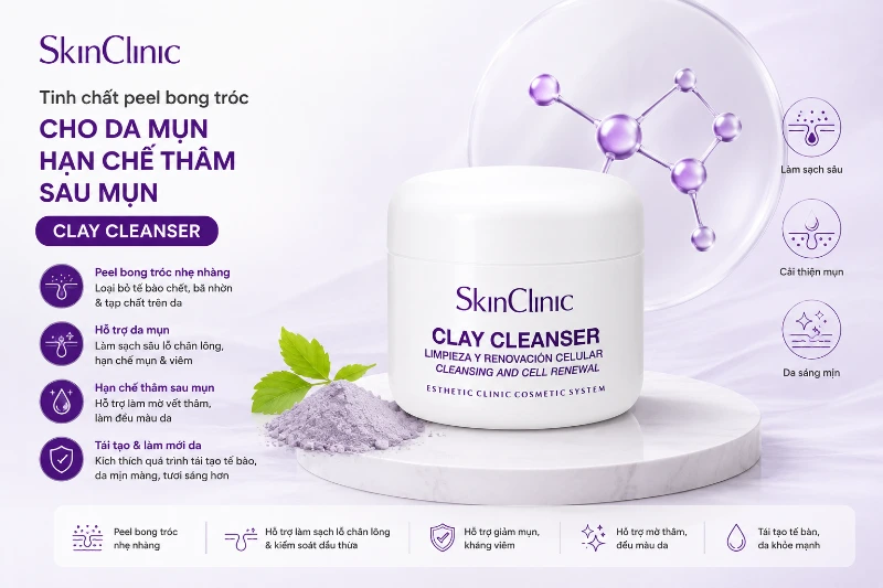 Tinh chất peel bong tróc cho da mụn hạn chế thâm sau mụn SkinClinic Clay Cleanser.webp