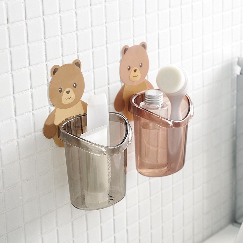 [ HÀNG LOẠI 1 ] Cốc Gấu Dán Tường Để Bàn Chải Đánh Răng Hình Gấu Có Lỗ Thoát Nước Tiện Lợi