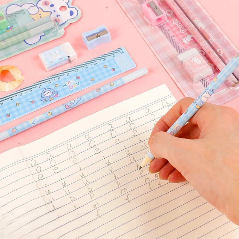 Bộ Dụng Cụ Học Tập 5 Món Bút Chì + Tẩy + Thước Kẻ + Gọt Bút Chì Nhỏ Gọn Tiện Dụng Cho Học Sinh
